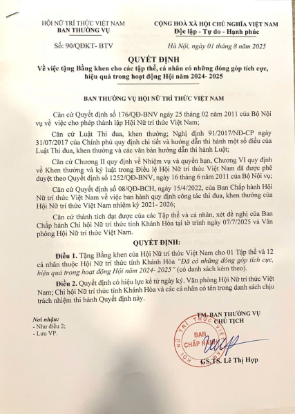 Hội viên Chi hội Nữ trí thức Trường Đại học Nha Trang nhận Bằng khen của Hội Nữ trí thức Việt Nam